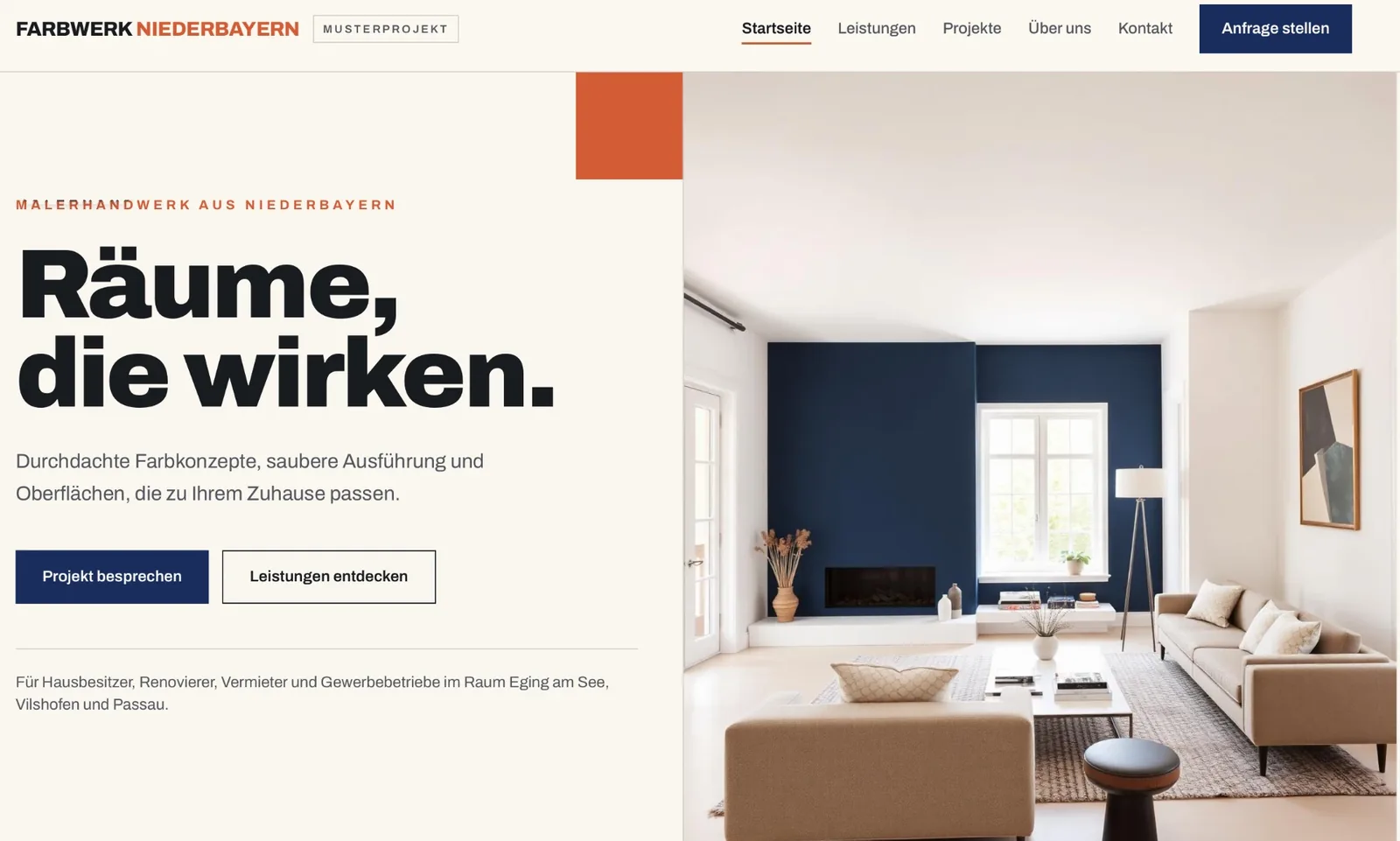Musterprojekt Malerbetrieb – Desktop-Ansicht der Onepage-Website